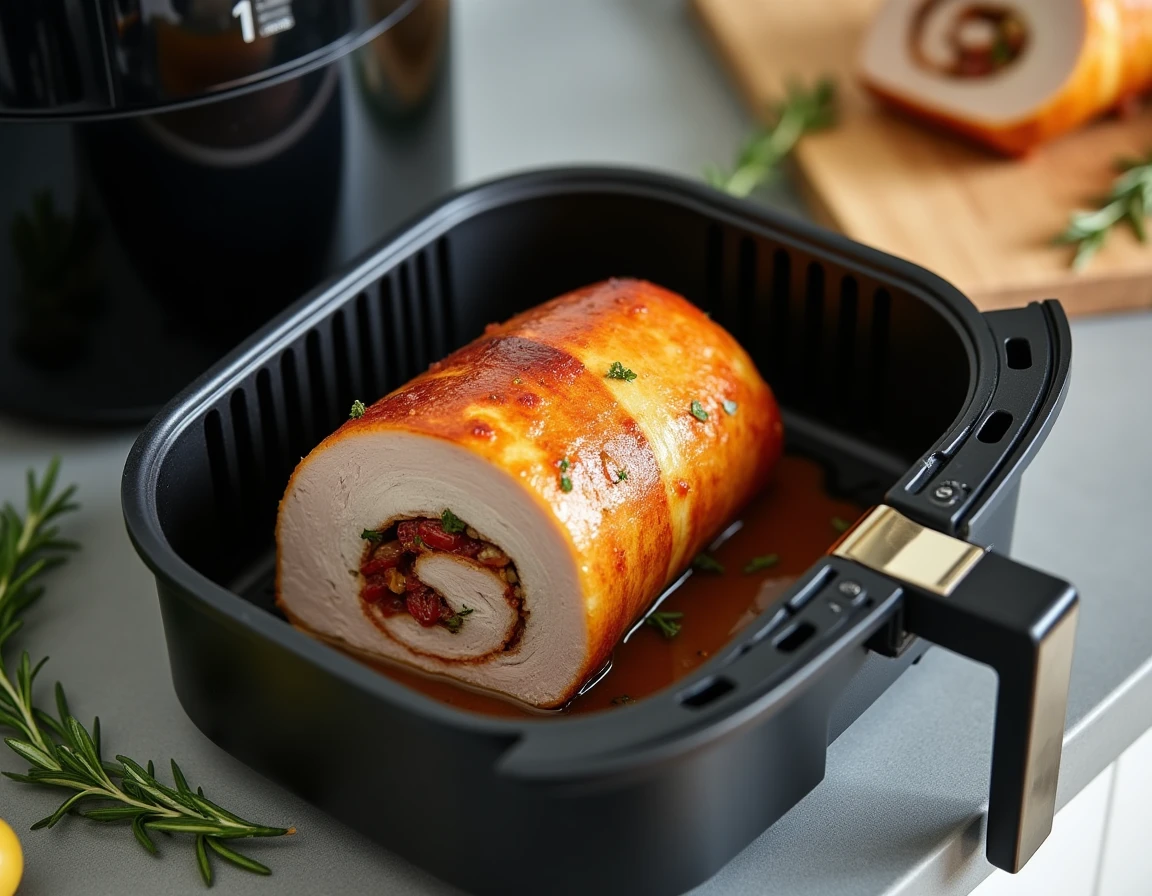 Rôti de porc farci coupé en tranches dans un panier d'air fryer, révélant une garniture spiralée aux herbes et tomates séchées