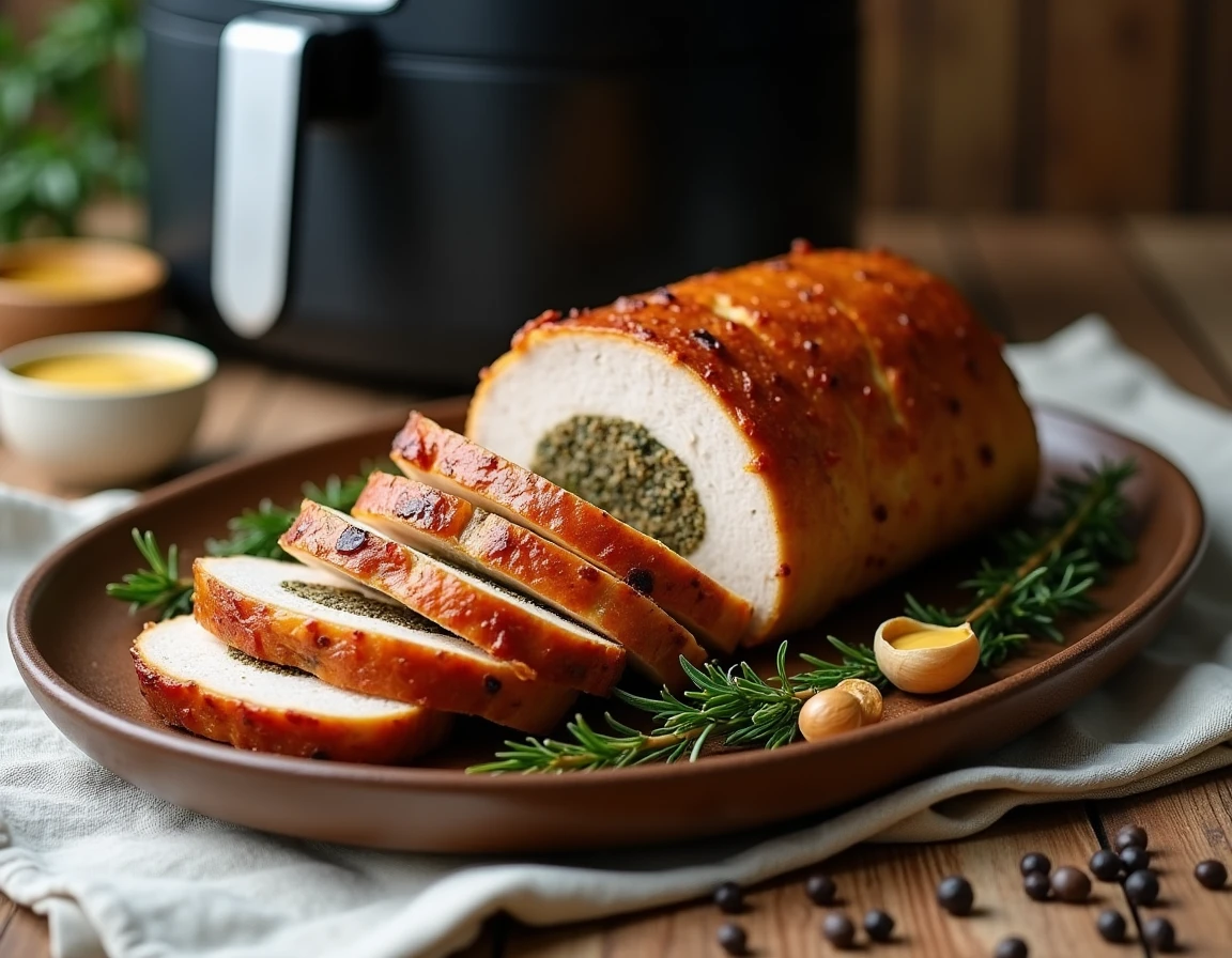 Rôti de porc farci tranché en rondelles sur un plat rustique avec thym frais et ail rôti, air fryer en arrière-plan
