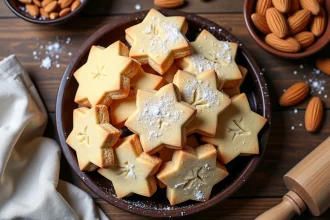 Sablés de Noël à l'amande disposés en vrac sur une table en bois rustique, saupoudrés de sucre glace et décorés d'amandes effilées, vue de dessus