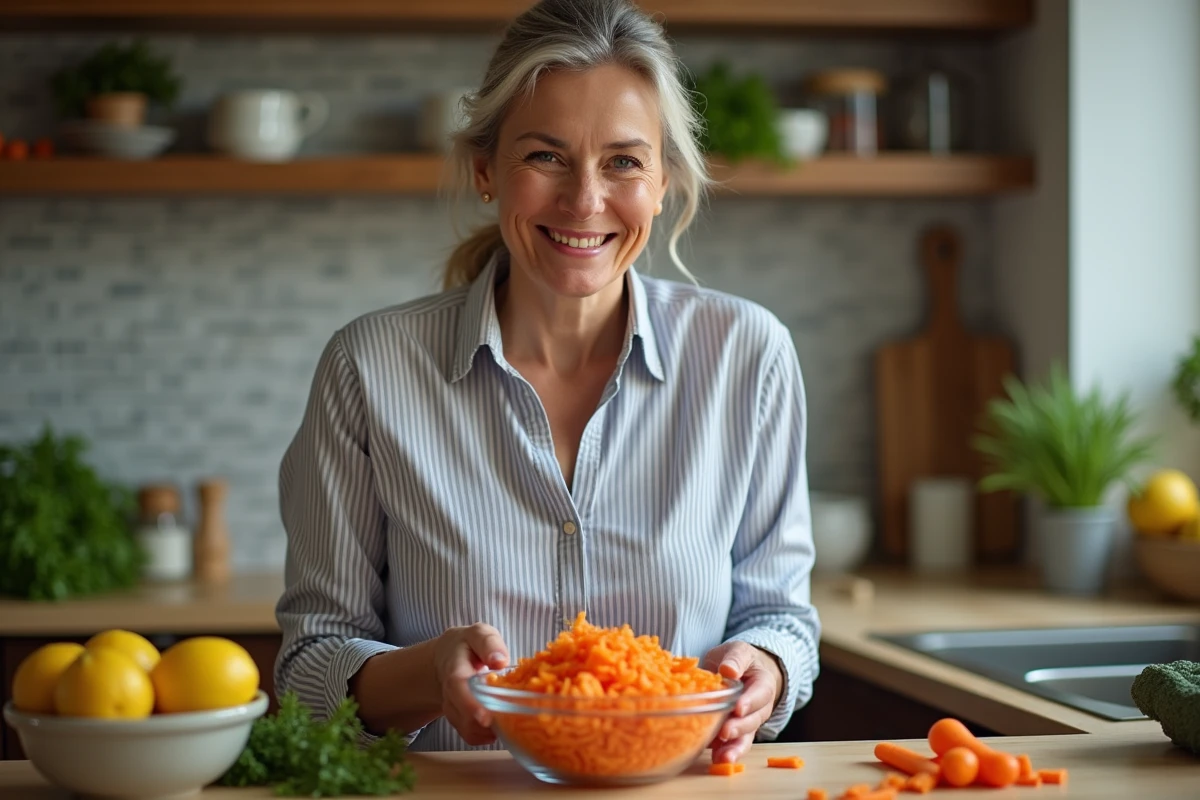 Femme souriante préparant une salade de carottes maison