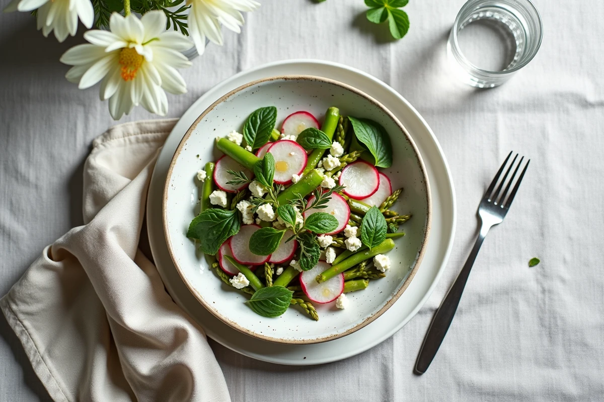 Salade de saison printanière avec légumes d'avril : asperges, radis, pois mange-tout et feta dans un bol céramique