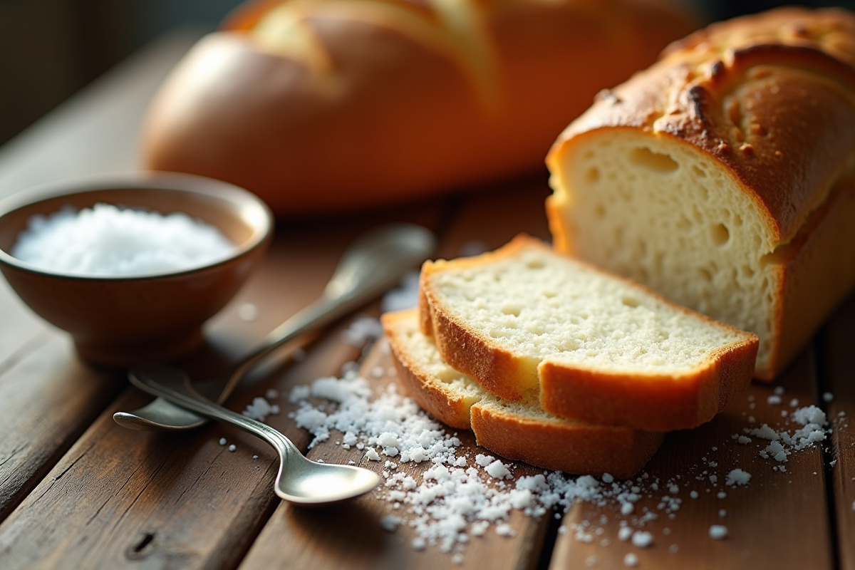 Sel dans un bol avec pain doré sur une table en bois rustique