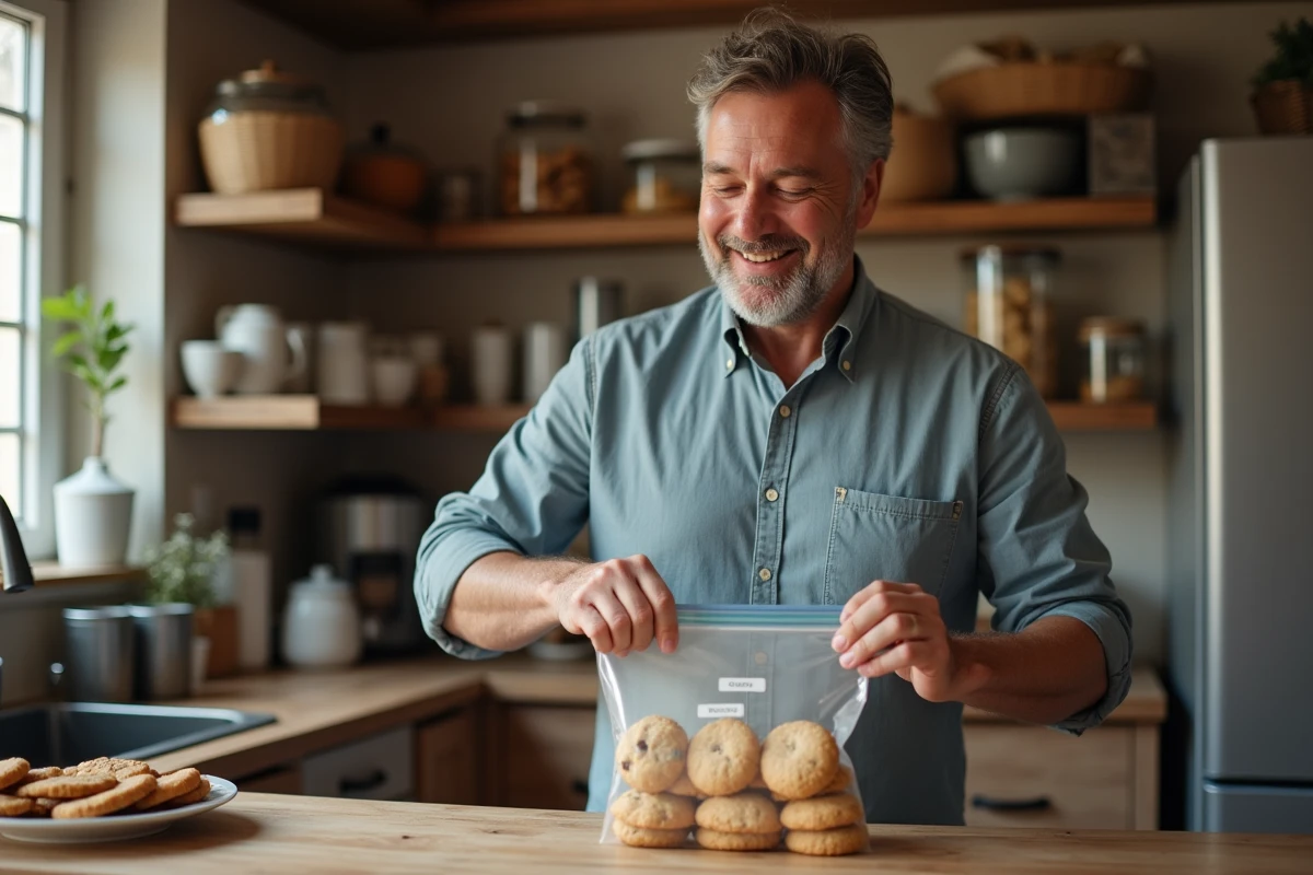 Homme scellant un sac de pâte à cookies maison dans le garde-manger