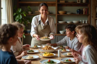Femme souriante servant une blanquette de veau en famille