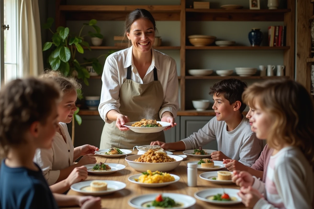 Femme souriante servant une blanquette de veau en famille