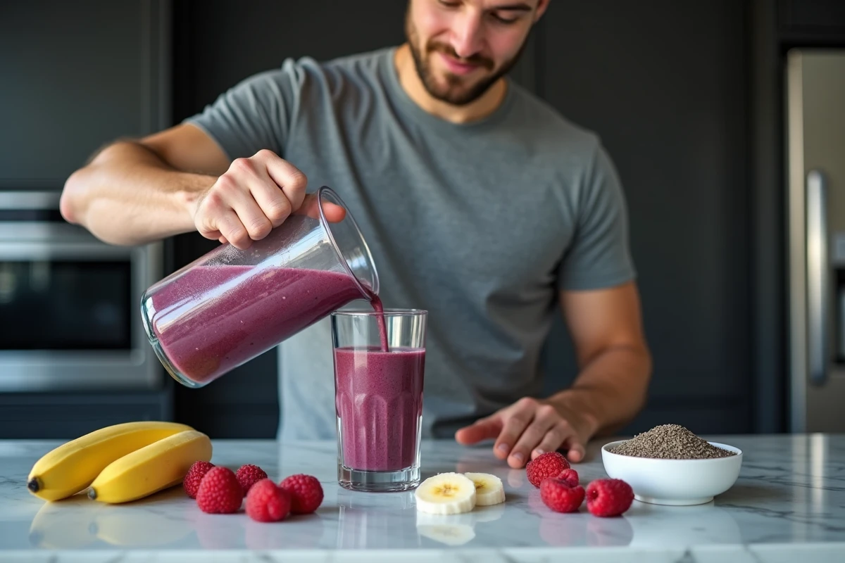 Homme préparant un smoothie aux graines de chia et fruits rouges dans une cuisine contemporaine