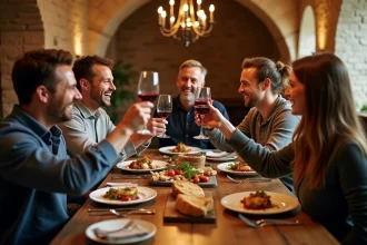 Groupe d'amis attablés dans un restaurant du centre historique de Carcassonne, trinquant autour de plats partagés dans une salle en pierres apparentes
