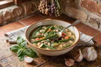 Bol de soupe au pistou provençale maison avec légumes colorés, pistou frais et feuilles de basilic sur table en chêne rustique