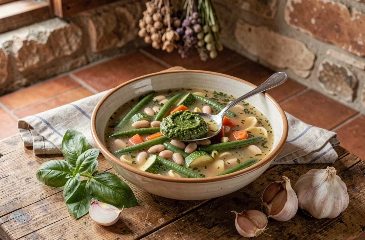 Bol de soupe au pistou provençale maison avec légumes colorés, pistou frais et feuilles de basilic sur table en chêne rustique