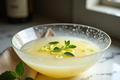 Soupe champagne au citron vert servie dans un bol en cristal sur un comptoir en marbre, garnie de zestes de citron vert et feuilles de menthe