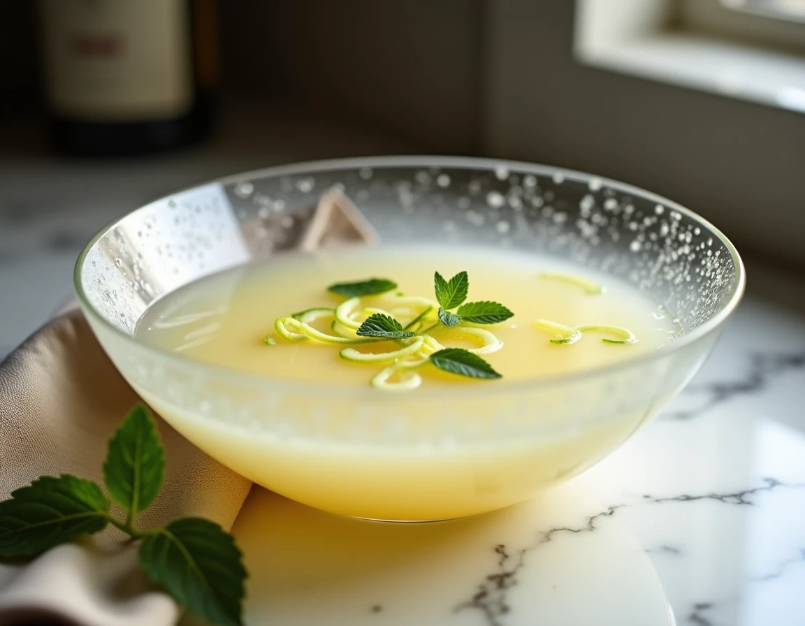 Soupe champagne au citron vert servie dans un bol en cristal sur un comptoir en marbre, garnie de zestes de citron vert et feuilles de menthe