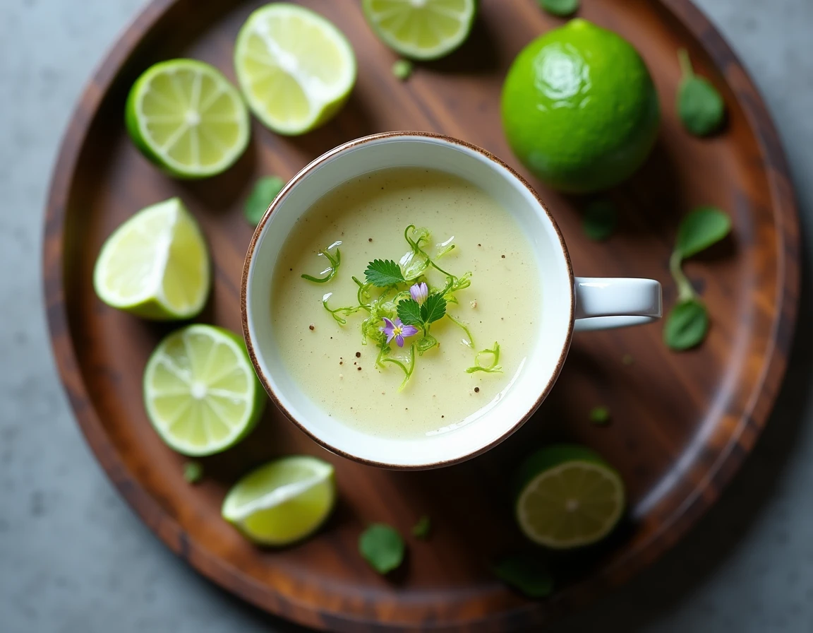 Vue de dessus d'une soupe champagne citron vert en tasse de porcelaine sur plateau en bois avec citrons verts frais et fleurs comestibles