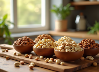 Table en bois avec noix seches en bols naturels