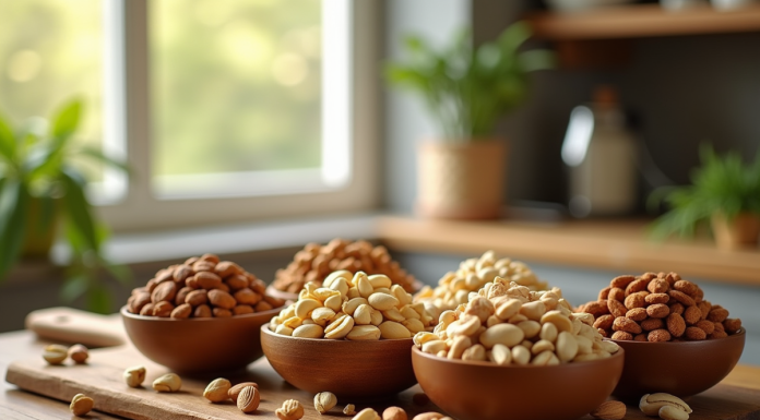 Table en bois avec noix seches en bols naturels