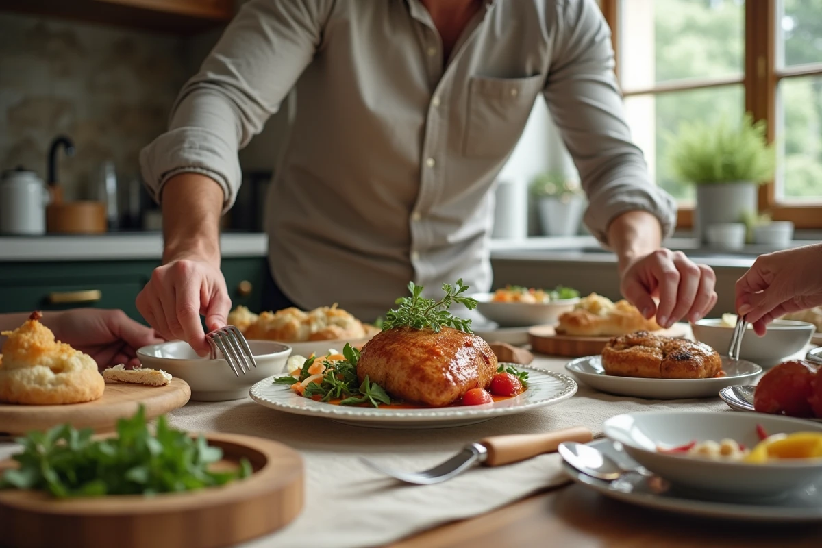 Homme arrangeant un repas de blanquette de veau en famille