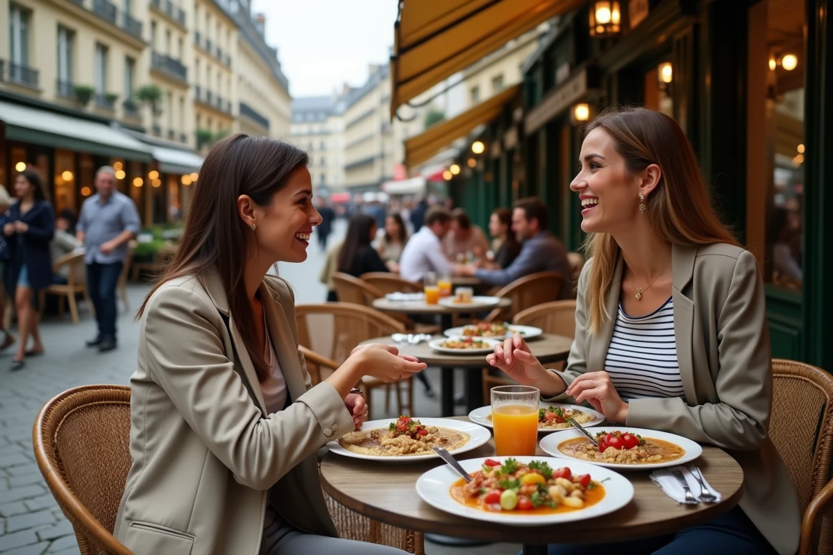 Terrasse animée du restaurant Le Cèdre sur la rue Mouffetard avec clients dégustant des mezze libanais