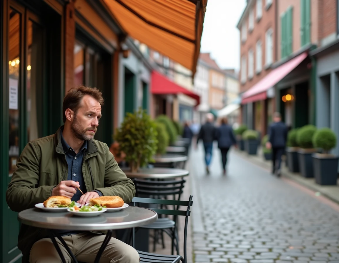 Homme déjeunant seul en terrasse dans une ruelle pavée du vieux Lille avec croque-monsieur et salade