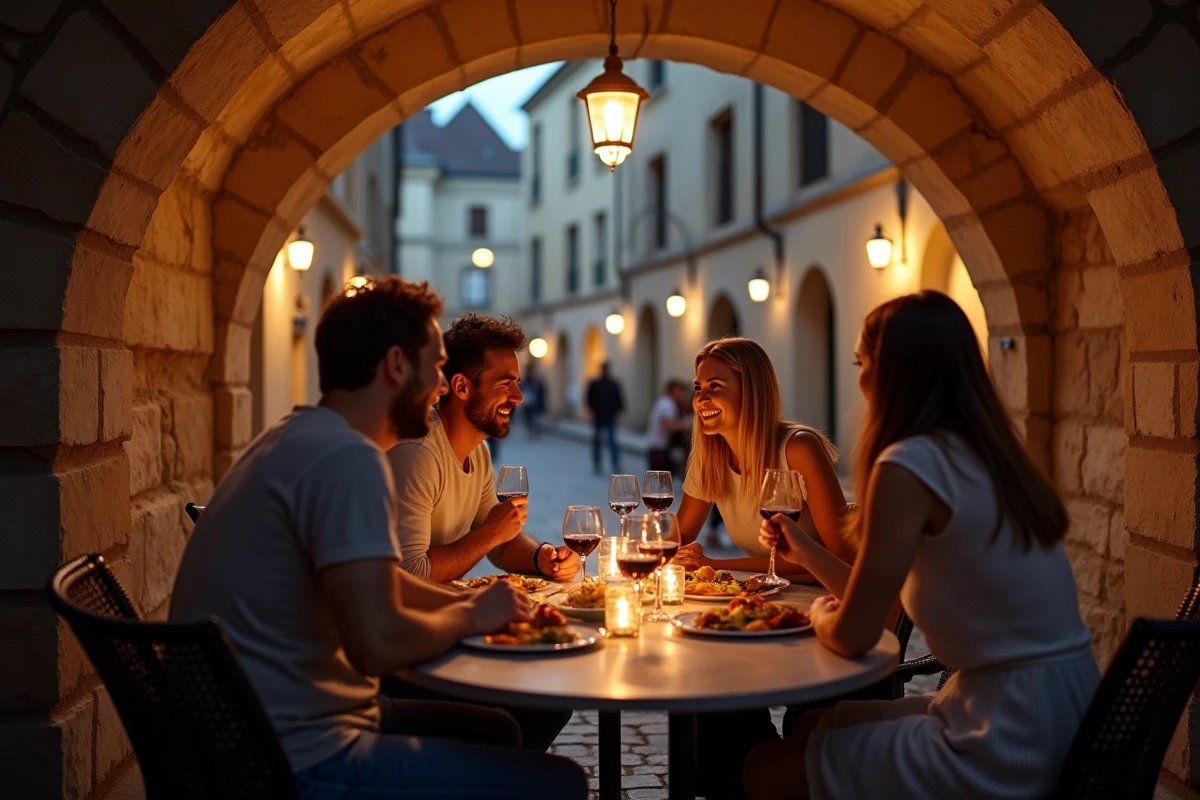 Amis en terrasse d'un restaurant dans les ruelles pavées de la cité médiévale de Carcassonne, dégustant du vin et des tapas au cœur de la vieille ville