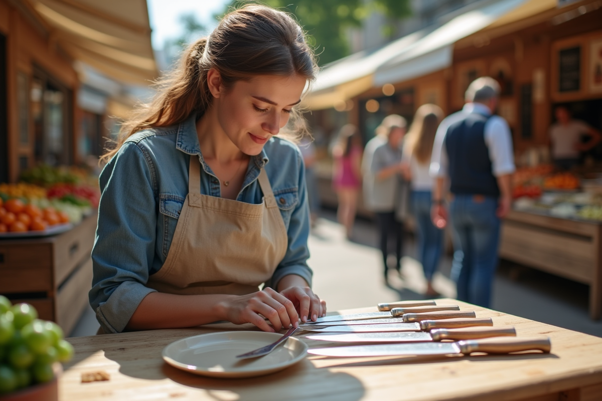 Jeune femme testant des couteaux au marché en plein air