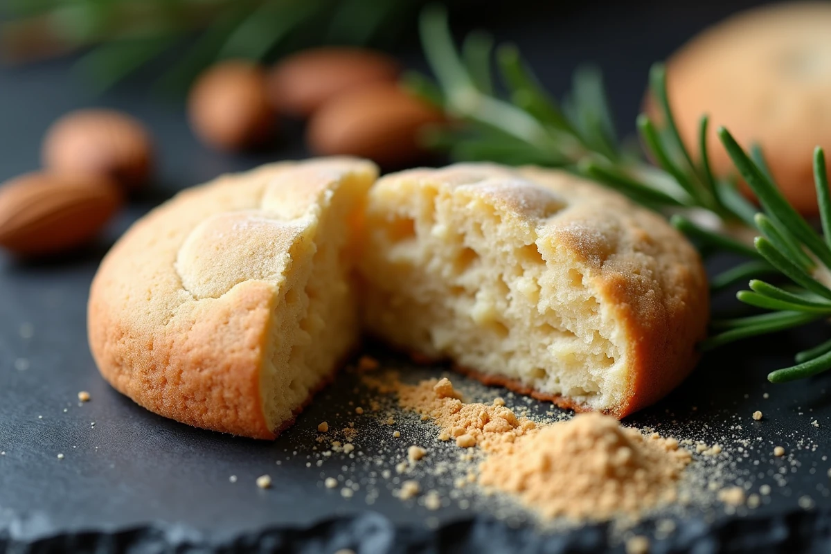 Sablé de Noël à l'amande cassé en deux révélant une texture ultra sablée et friable à l'intérieur, posé sur une ardoise avec de la poudre d'amande