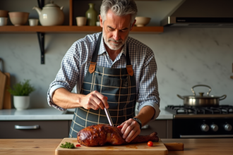 Homme en tablier vérifiant la cuisson d'un rôti de bœuf