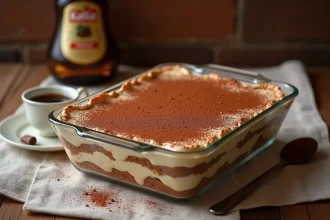 Tiramisu classique dans un plat en verre avec une tasse d'espresso et une bouteille de Kahlúa sur une table en bois rustique