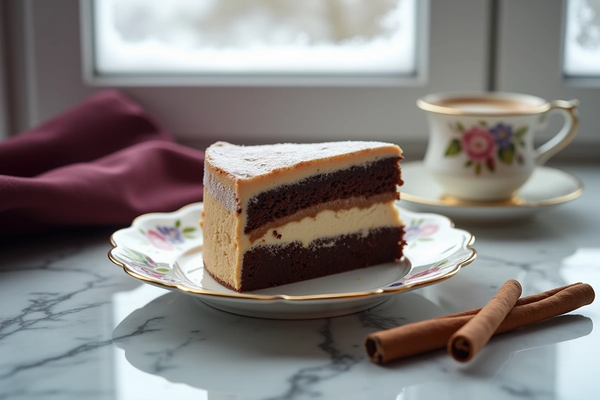 Tranche de gâteau marron aux couches de crème de châtaigne et chocolat sur assiette vintage avec espresso et fenêtre givrée