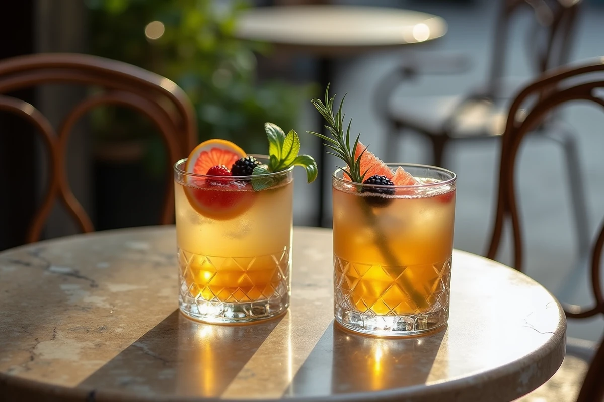 Deux verres de cocktail Ricard signature avec garnitures originales et fiches recettes manuscrites sur une table de café parisien en terrasse