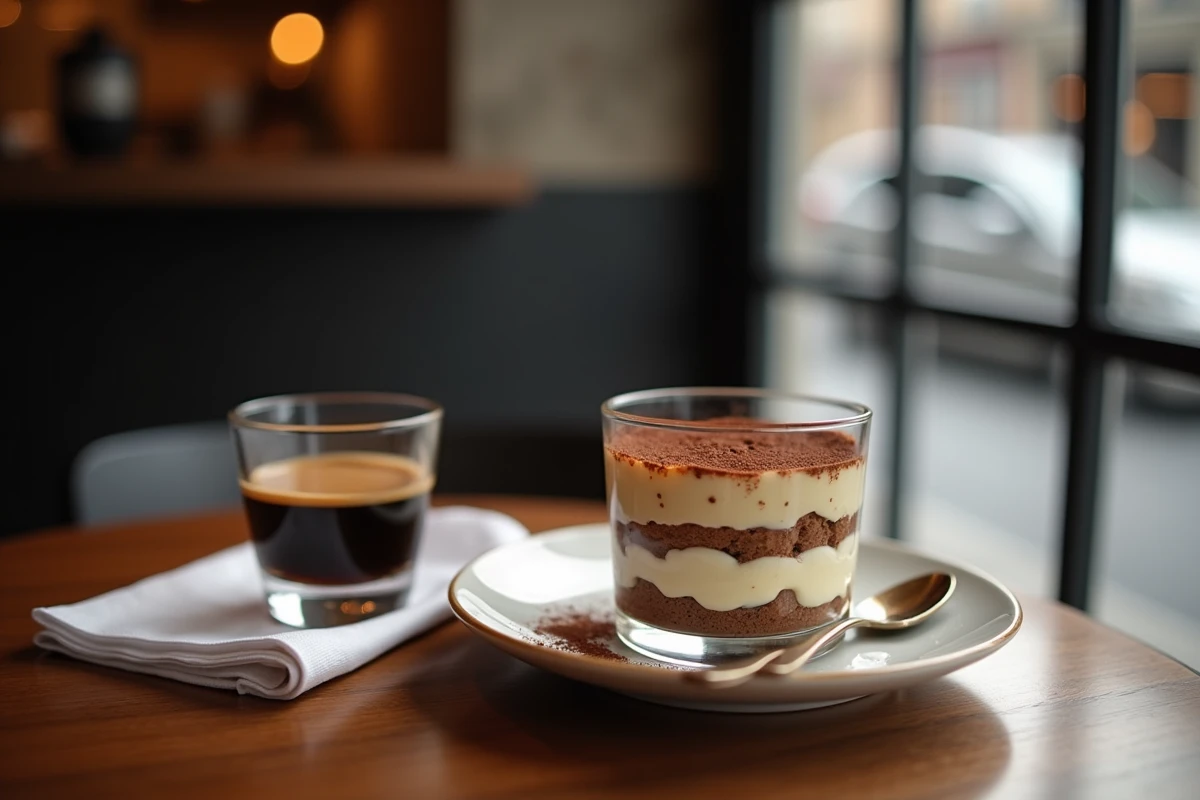Verrine de tiramisu au Kahlúa servie sur une table de café parisien avec un verre d'expresso et une cuillère à dessert