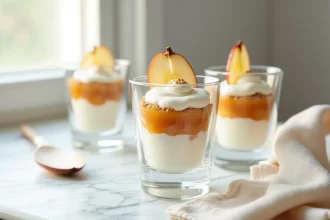 Verrines légères aux pommes avec couches de compote, crème fouettée et miettes de spéculoos sur marbre blanc