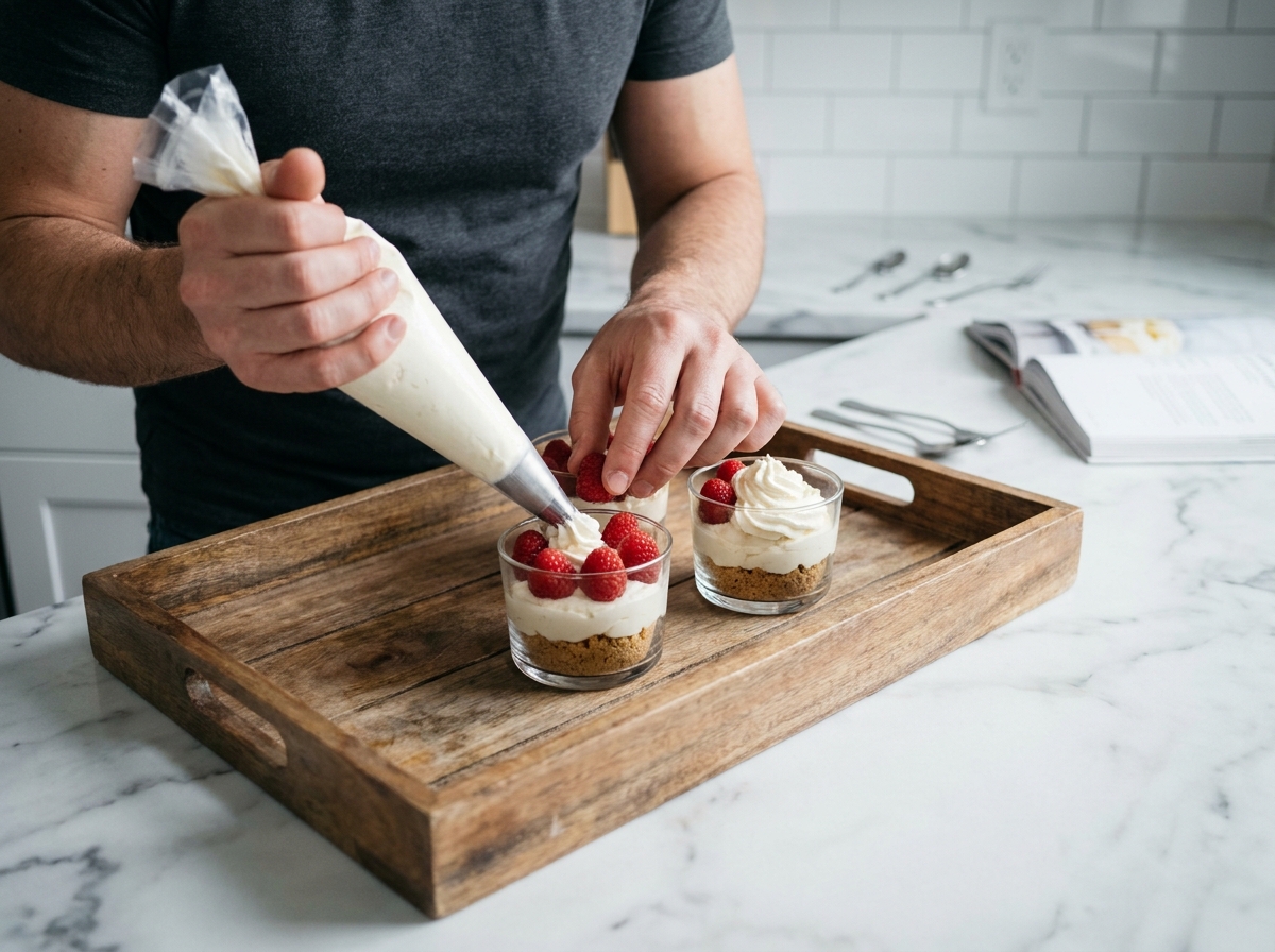Homme assemblant des verrines rapides aux framboises et mascarpone sur un comptoir en marbre pour des invités de dernière minute