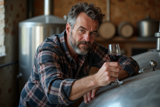 Vigneron au travail dans la cave avec cuves en inox