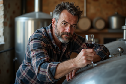 Vigneron au travail dans la cave avec cuves en inox